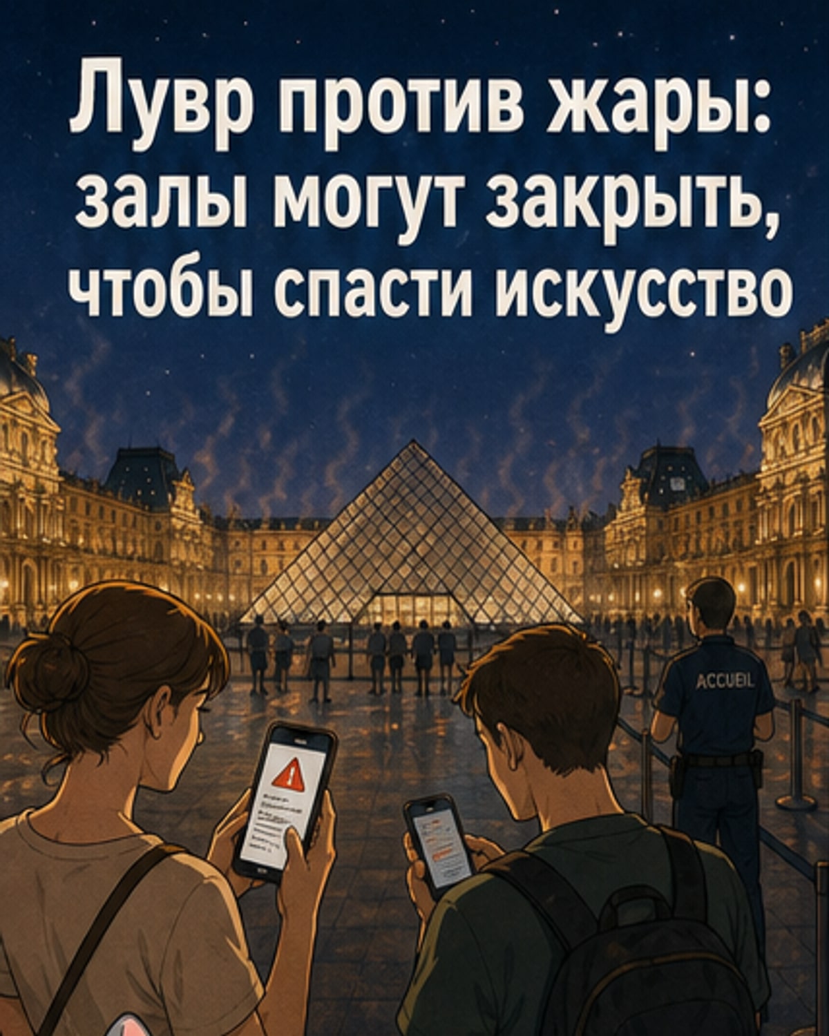 Фасад Лувра под палящим солнцем, с толпой туристов и термометром, показывающим 39 °C