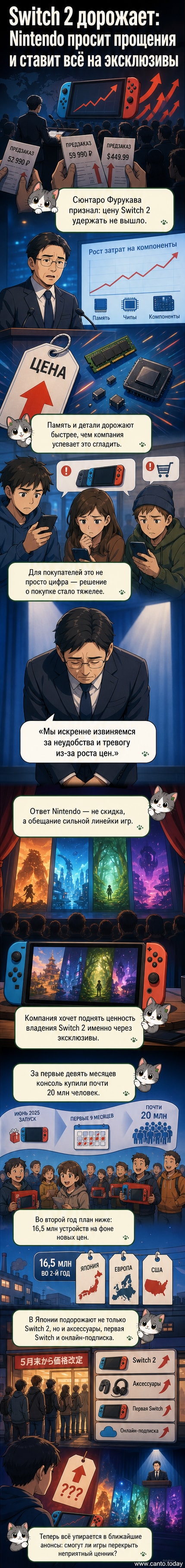Иллюстрация: президент Nintendo Сюнтаро Фурукава извиняется перед игроками, держа в руках новую консоль Switch 2, на фоне графиков роста цен и анонсов игр.