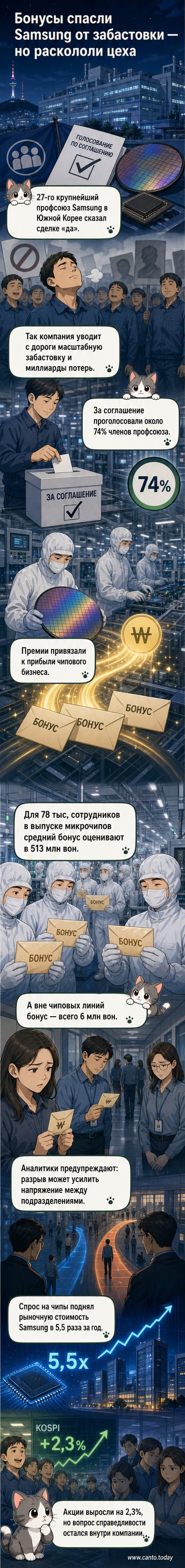 Иллюстрация: рабочие Samsung у производственной линии с табличкой «Бонусы 2026» и графиком роста прибыли