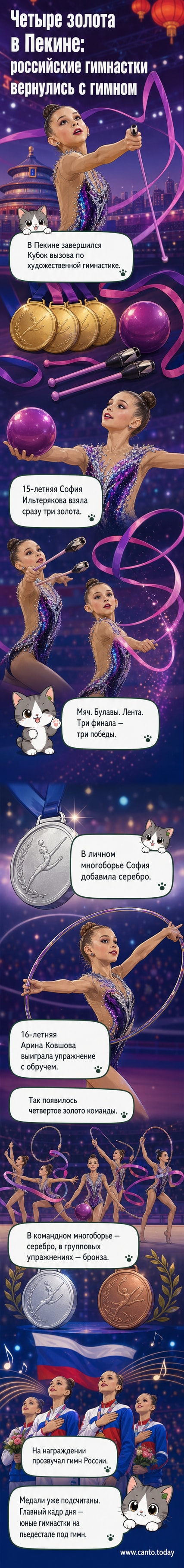 Российские гимнастки на пьедестале почёта в Пекине, держат медали и улыбаются, на заднем плане — флаг России.