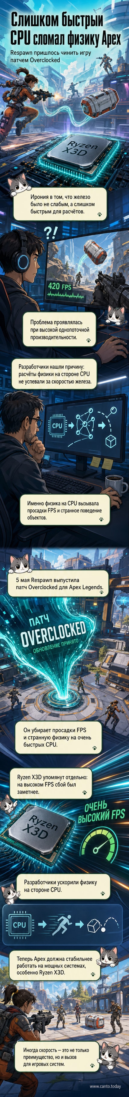 Игровая сцена из Apex Legends с процессором Ryzen X3D на переднем плане, фон — искажённая физика: падающие объекты летят вверх, персонажи зависают в воздухе