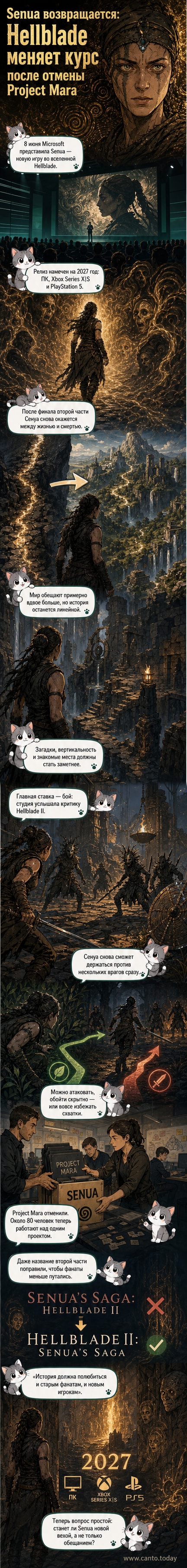 Сенуа в доспехах с мечом в руке стоит на фоне мрачного пейзажа с туманом и руинами, её лицо отражает внутреннюю борьбу.