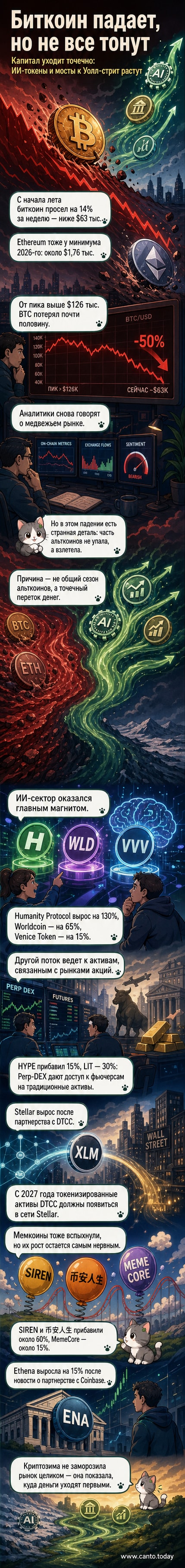 Иллюстрация: биткоин падает вниз, а рядом — ИИ-токены и стейблкоины растут вверх на фоне графиков и логотипов проектов