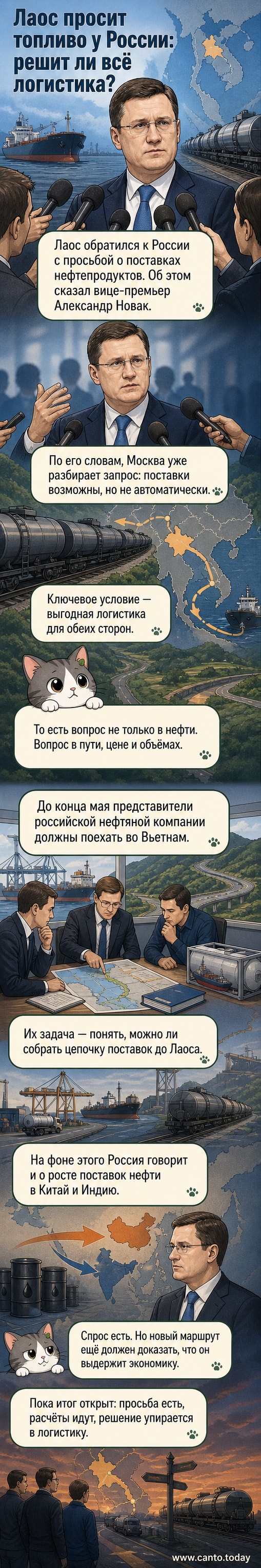 Иллюстрация: карта с маршрутом от России через Вьетнам к Лаосу, с танкерами и цистернами, обозначающими поставки нефтепродуктов.