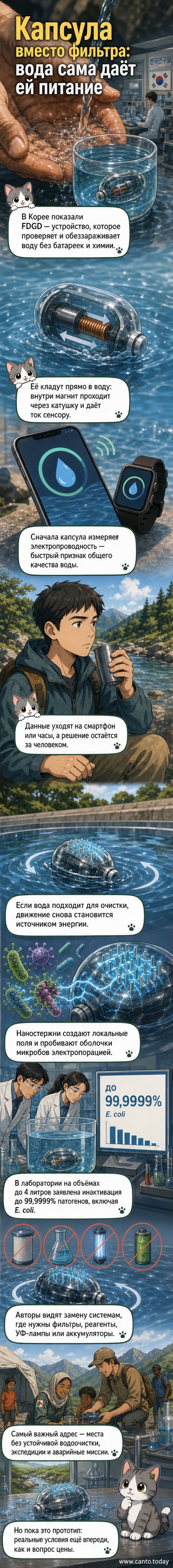 Иллюстрация: прозрачная плавающая капсула в стакане с водой, внутри — движущийся магнит и катушка, снаружи — наностержни, создающие электростатические поля, уничтожающие бактерии. На заднем плане — смартфон с приложением, отображающим данные о качестве воды.
