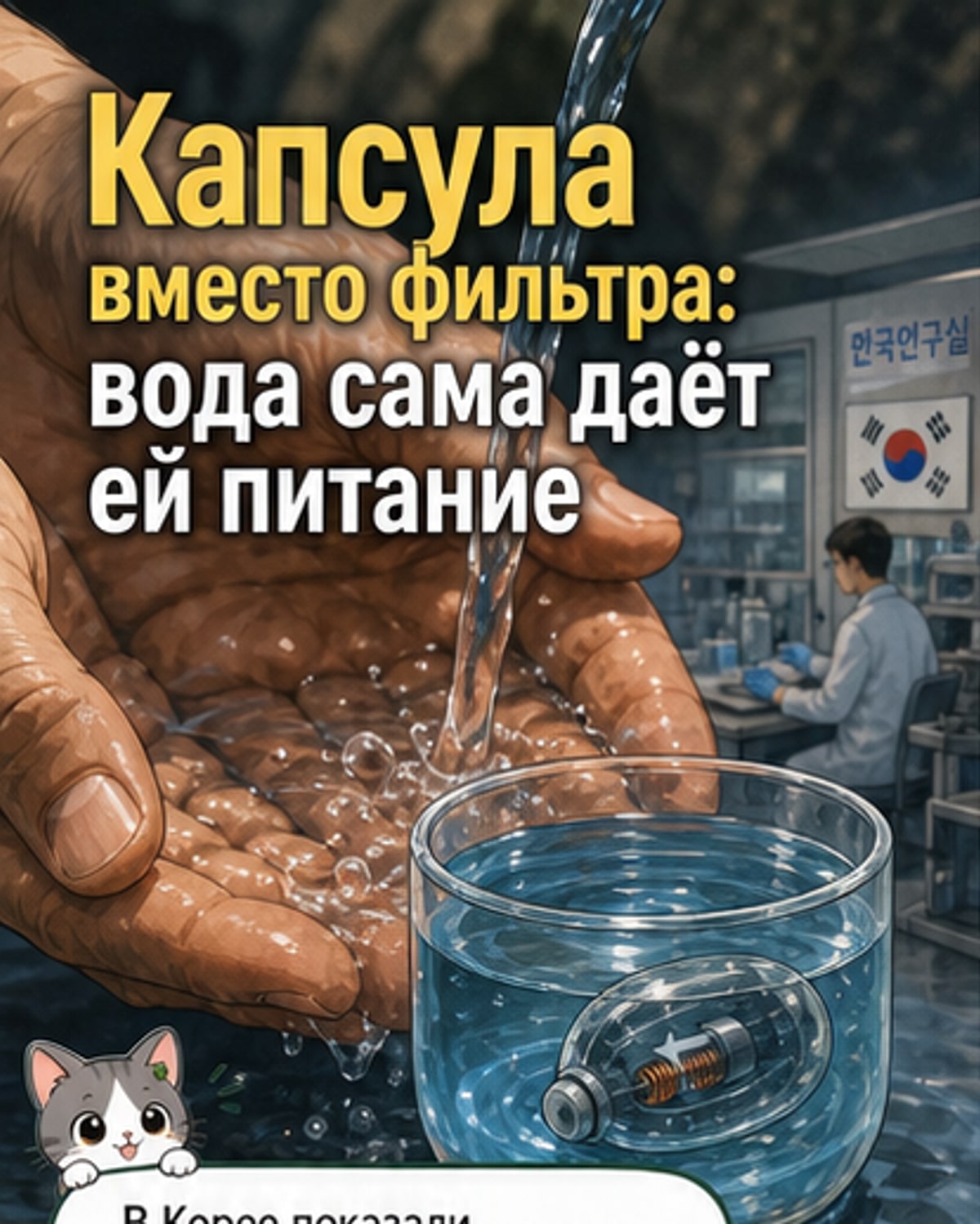 Иллюстрация: прозрачная плавающая капсула в стакане с водой, внутри — движущийся магнит и катушка, снаружи — наностержни, создающие электростатические поля, уничтожающие бактерии. На заднем плане — смартфон с приложением, отображающим данные о качестве воды.