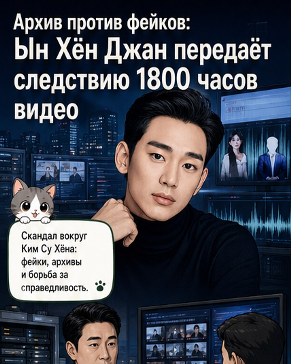 Иллюстрация: блогер Ын Хён Джан передаёт папку с доказательствами в прокуратуру, на заднем плане — изображение Ким Су Хёна и символы удалённых видео.