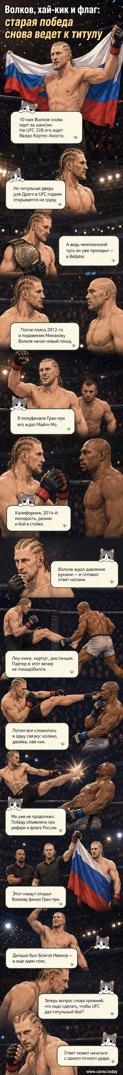 Александр Волков стоит на ринге, держа в руках флаг России, после нокаута соперника Майти Мо.