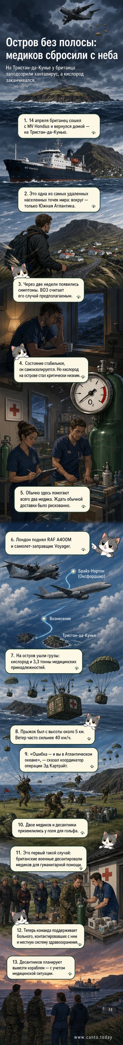 Парашютисты с медицинским снаряжением приземляются на поле для гольфа на острове Тристан-да-Кунья, на фоне скалистых берегов и бурного океана.