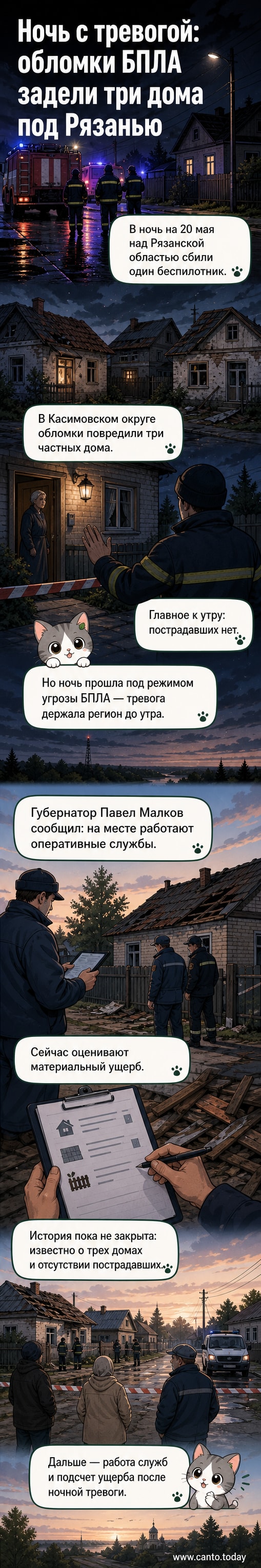 Иллюстрация: ночное небо над Рязанской областью, вспышка от сбитого БПЛА, обломки падают в районе частных домов