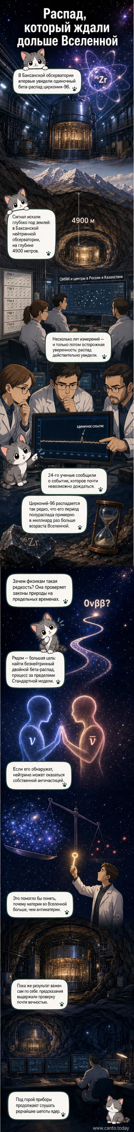 Иллюстрация: учёные в подземной лаборатории наблюдают за редким распадом атома циркония-96, время на экране показывает миллиарды миллиардов лет