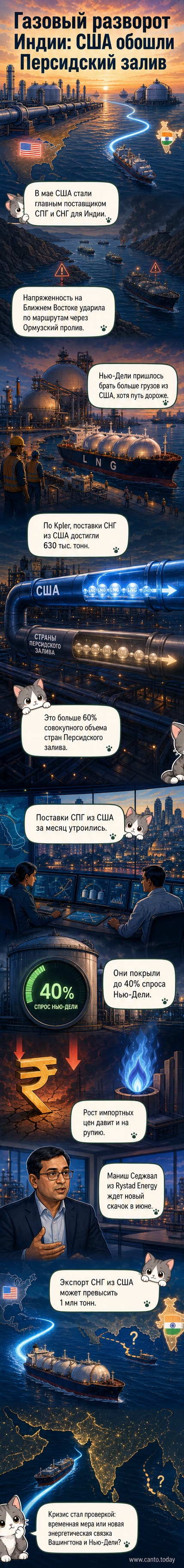 Иллюстрация: карта с маршрутом поставок сжиженного газа из США в Индию, с акцентом на Ормузский пролив и рост объёмов в мае 2026 года
