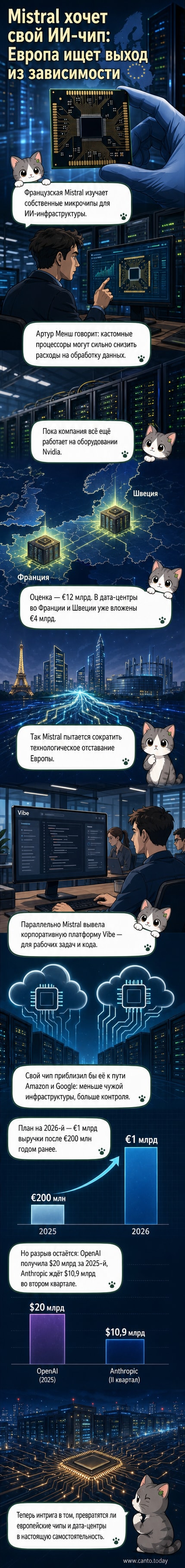 Иллюстрация: французский стартап Mistral разрабатывает собственный ИИ-чип, стоя на фоне дата-центра и схемы микросхемы, рядом логотипы Nvidia, Google и Amazon.