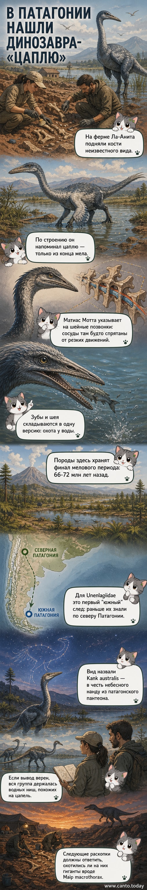 Реконструкция пернатого динозавра Kank australis с длинной шеей, стоящего у берега реки в патагонских степях мелового периода