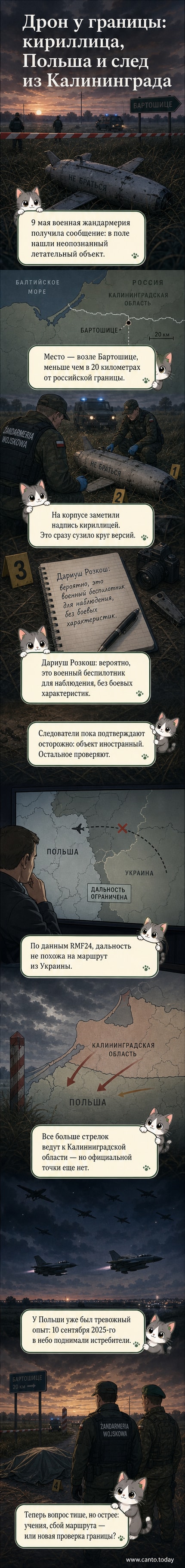 Изображение разбитого военного беспилотника на фоне лесистой местности с кириллической надписью на корпусе, рядом — польские военные.