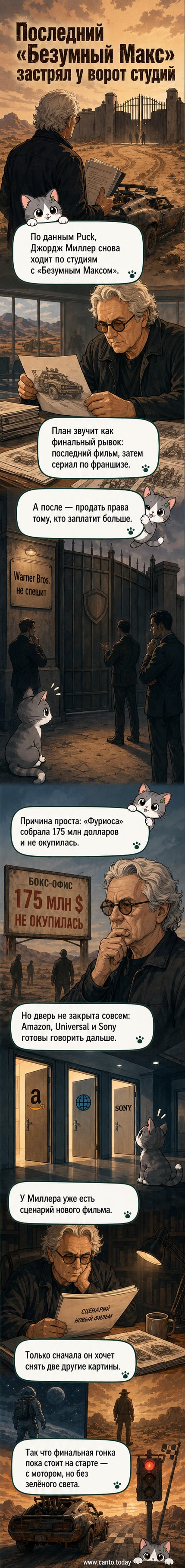 Иллюстрация: Джордж Миллер стоит перед пустынным пейзажем с силуэтами машин из «Безумного Макса»
