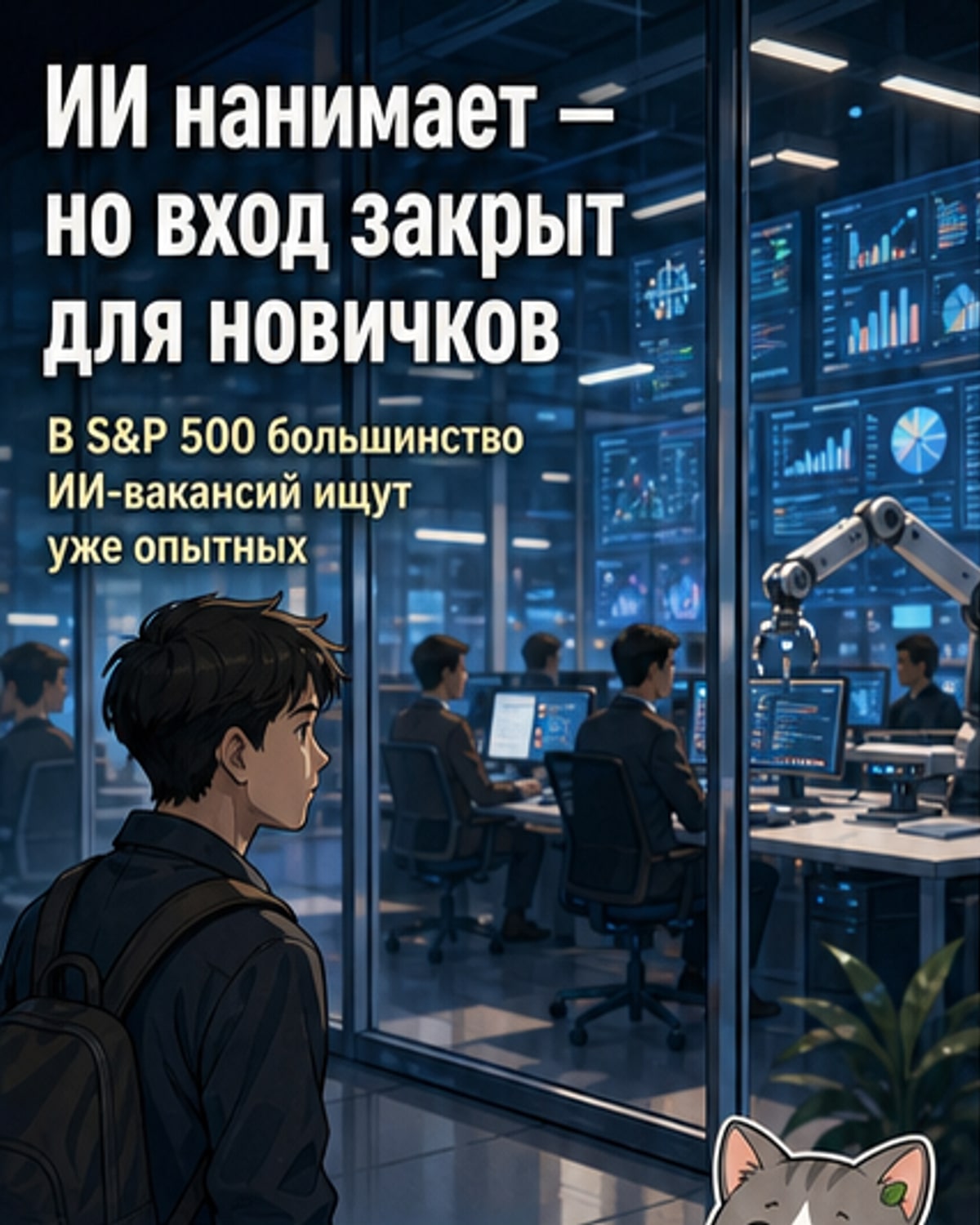 Иллюстрация: молодой человек смотрит на закрытую дверь с надписью «ИИ-карьера», а за ней — опытные специалисты на фоне серверов и алгоритмов.
