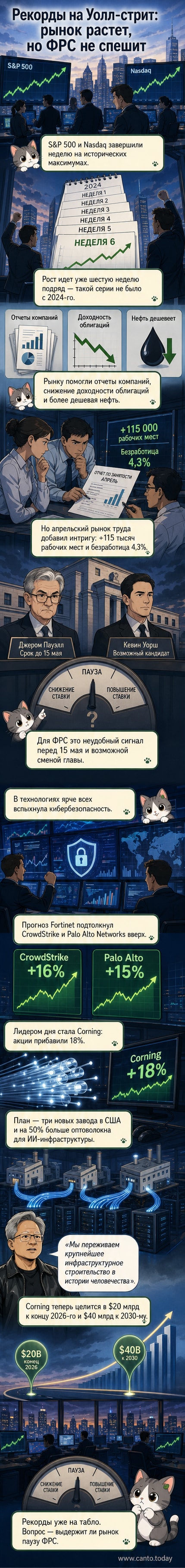 Графики роста S&P 500 и Nasdaq на фоне логотипов Corning и Nvidia, символизирующие рекордный подъём фондовых индексов и партнёрство в сфере ИИ-инфраструктуры.