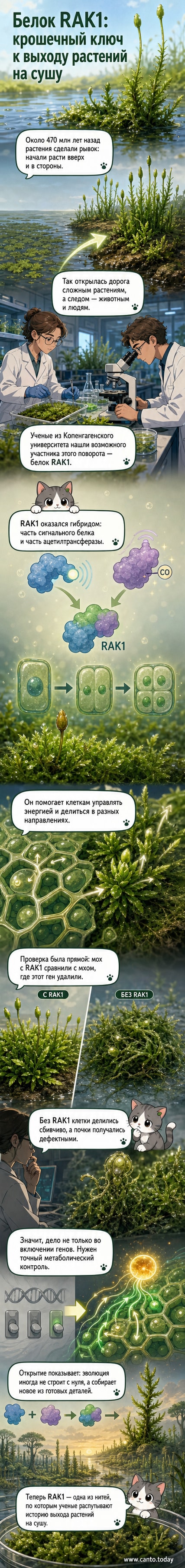Микрофотографии мха: слева — аномальный рост почек без белка RAK1, справа — нормальное формирование при его наличии.