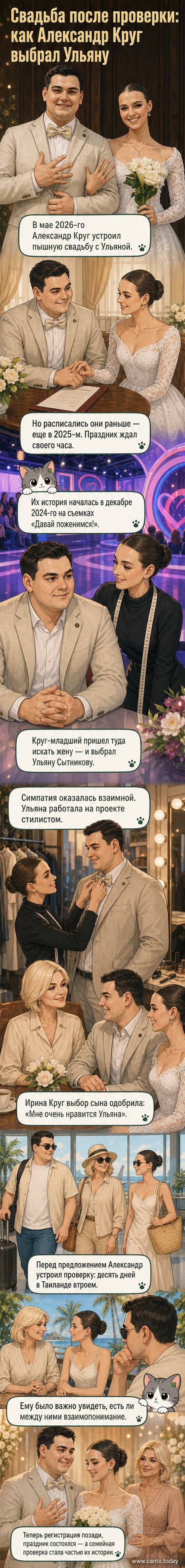 Александр Круг и его новая жена Ульяна Сытинова на свадебной церемонии, стоят улыбаясь, на заднем плане — украшенная площадка и гости