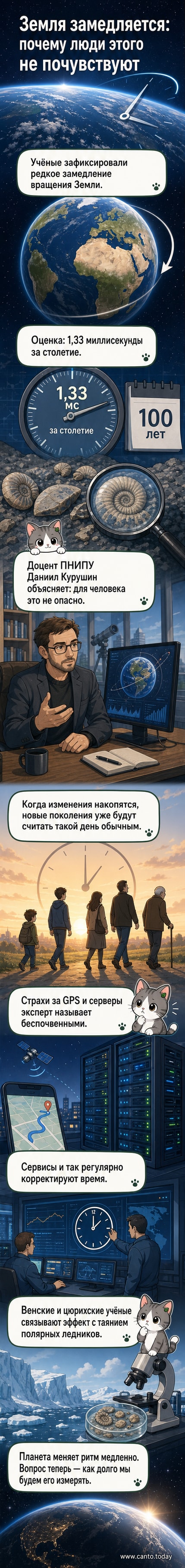 Иллюстрация Земли, вращающейся медленнее, с графиком удлинения суток и изображением ледников