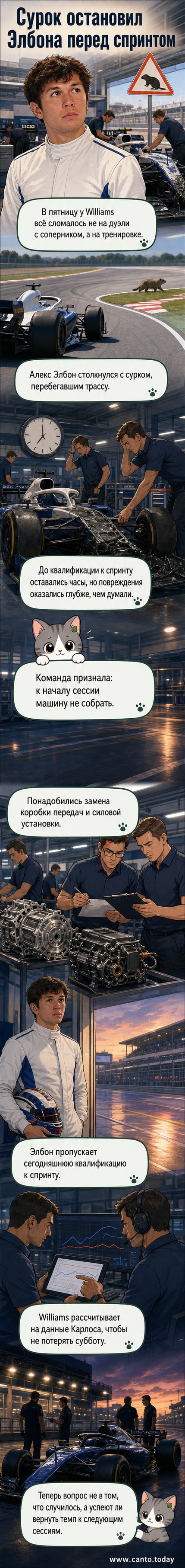 Гоночный болид Williams с сильными повреждениями передней части после столкновения с сурком на трассе. Команда работает у боксов.
