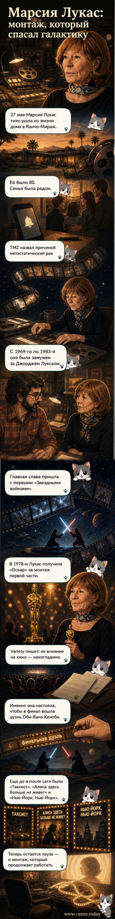 Чёрно-белое фото Марсии Лукас в молодости за монтажным столом, рядом — кадры из «Звёздных войн» и «Таксиста»