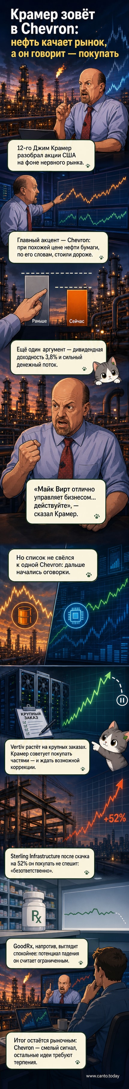 Иллюстрация: финансовый эксперт Джим Крамер указывает на график роста акций Chevron на фоне нефтяной вышки и динамичных графиков.