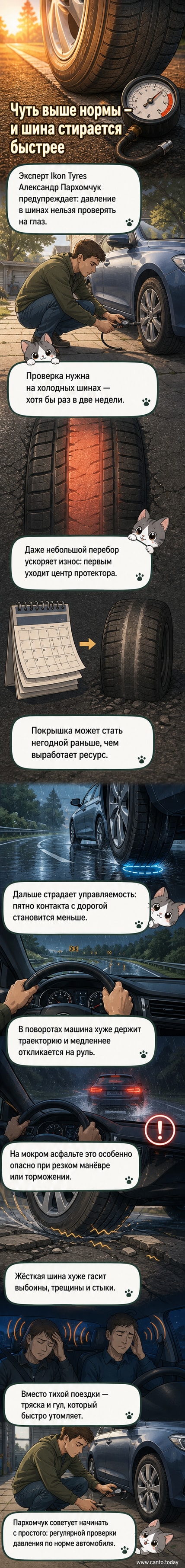 Автомобиль с перекачанными шинами на мокрой дороге теряет сцепление, центр протектора изношен сильнее краёв.