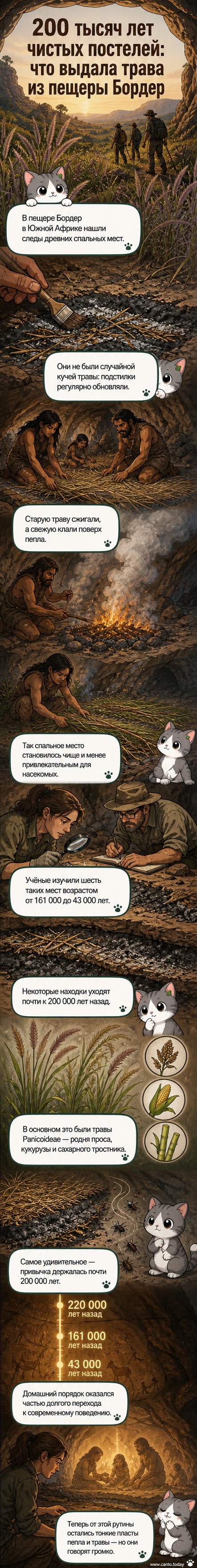 Иллюстрация древней пещеры с людьми, укладывающими свежую травяную подстилку поверх пепла — реконструкция быта 200-тысячелетней давности.