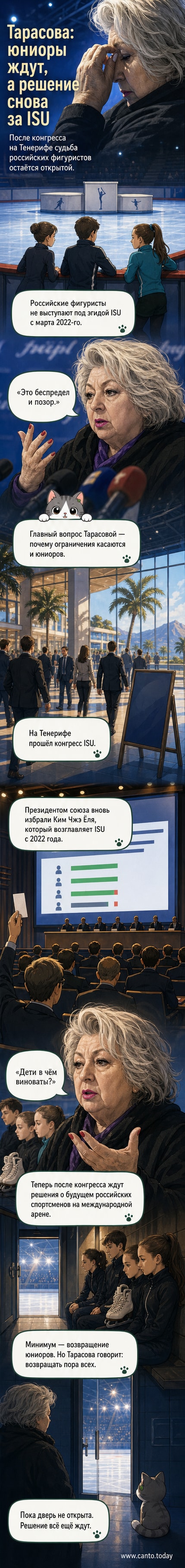Портрет Татьяны Тарасовой с цитатой «Беспредел и позор» на фоне фигуристов в российской форме, стоящих за барьером, обозначающим отстранение от международных стартов.
