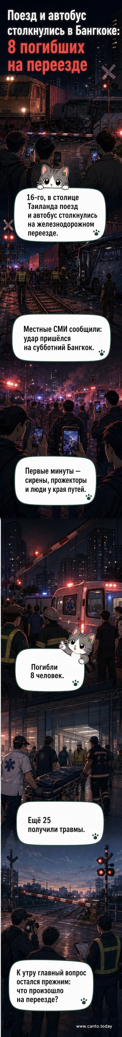 Иллюстрация столкновения поезда и автобуса на железнодорожном переезде в Бангкоке, разбитые стёкла, следы тормоза, спасательные службы на месте