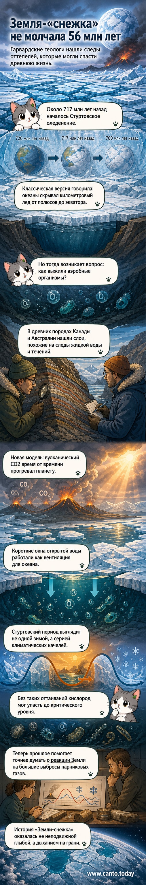 Иллюстрация древней Земли с чередующимися ледяными и открытыми участками океана, символизирующая циклы оттаивания во время оледенения.