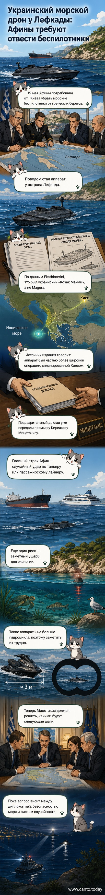 Иллюстрация: греческий остров Лефкада, в море — маленький беспилотник, рядом — крупное судно. На заднем плане — карта с зоной территориальных вод.