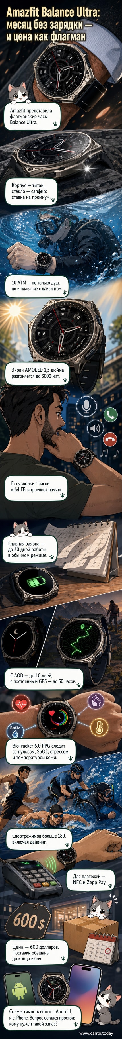 3D-рендер умных часов Amazfit Balance Ultra в титановом корпусе на фоне водной поверхности, с отображением ключевых характеристик: 64 ГБ, GPS, SpO2, 30 дней автономности
