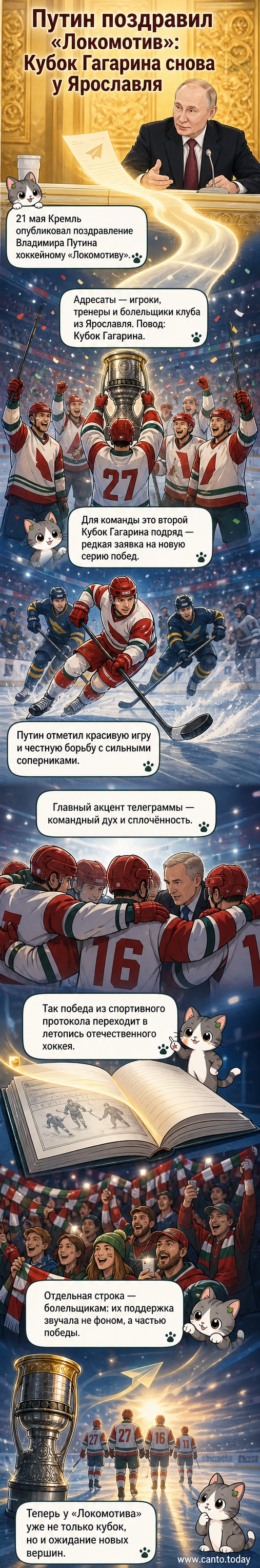 Хоккейная команда «Локомотив» празднует победу в Кубке Гагарина, президент Путин направил поздравительную телеграмму.