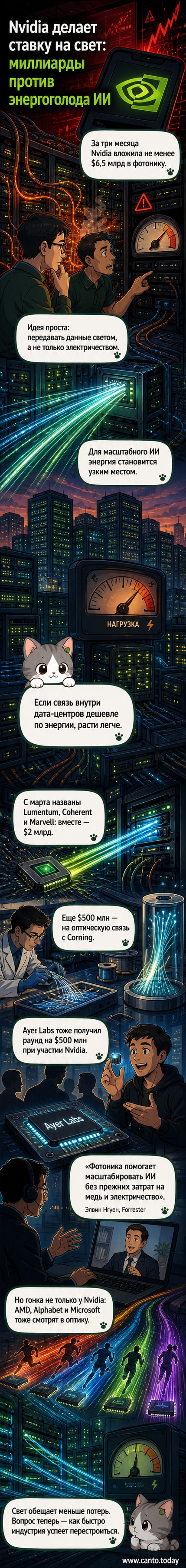 Иллюстрация: чипы, соединённые световыми волноводами вместо медных проводов, фон — дата-центр с низким энергопотреблением