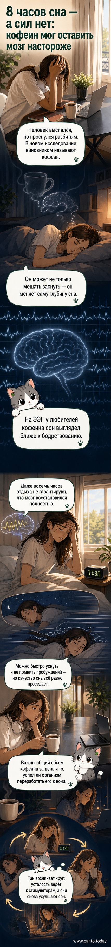 Иллюстрация: человек сидит с чашкой кофе, а над головой — схематичный мозг с обозначением фаз сна и кофеиновых молекул, мешающих глубокому отдыху.