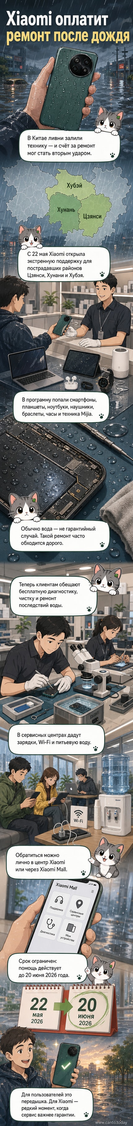 Логотип Xiaomi на фоне дождливого пейзажа и повреждённых водой смартфона и ноутбука
