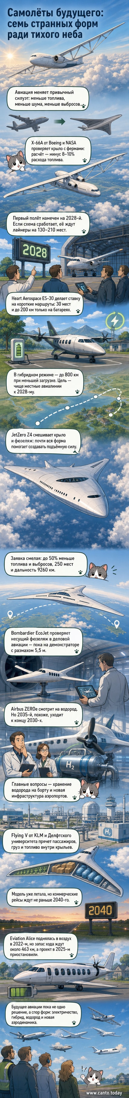 Иллюстрация семи концептуальных самолётов будущего: от узкокрылых с фермами до V-образных и водородных лайнеров.