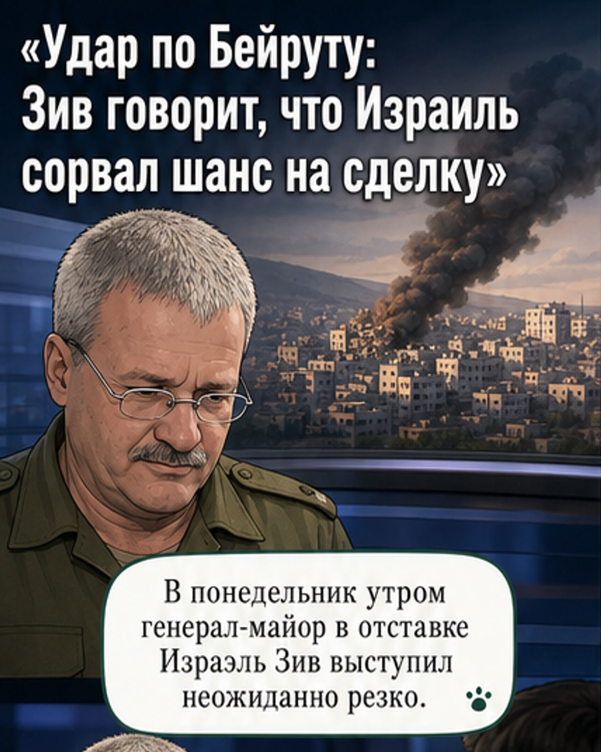 Иллюстрация: бывший генерал Израэль Зив в военной форме на фоне карты Ближнего Востока с отметкой Бейрута и Вашингтона, символизирующей столкновение военной и дипломатической стратегий.