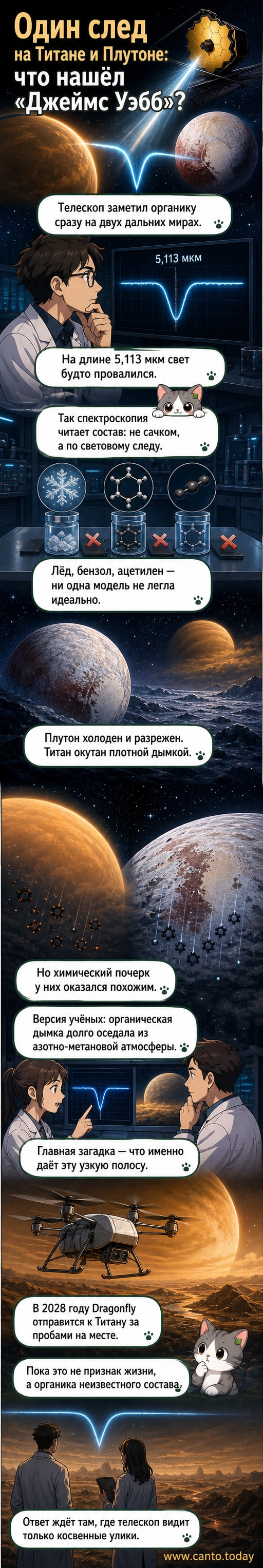 Иллюстрация: космический телескоп «Джеймс Уэбб» наблюдает за Плутоном и Титаном, на фоне — спектральные линии с выделенной полосой 5,113 мкм.