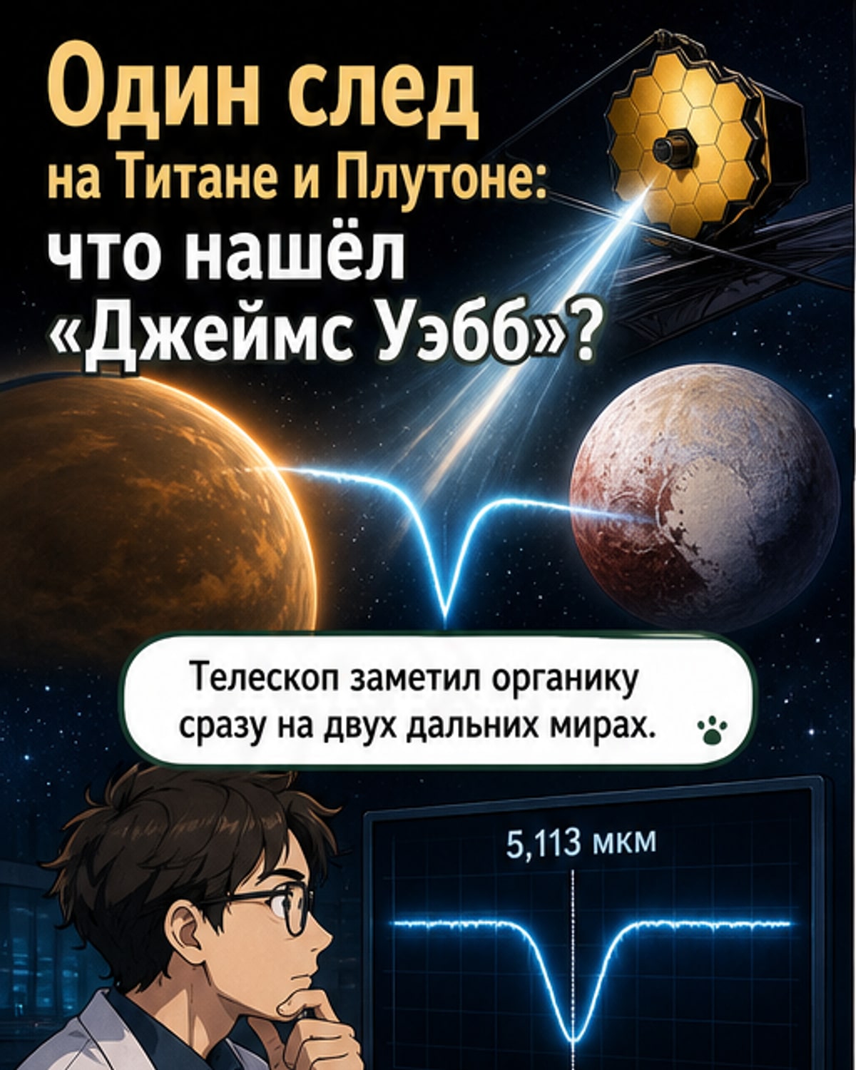 Иллюстрация: космический телескоп «Джеймс Уэбб» наблюдает за Плутоном и Титаном, на фоне — спектральные линии с выделенной полосой 5,113 мкм.