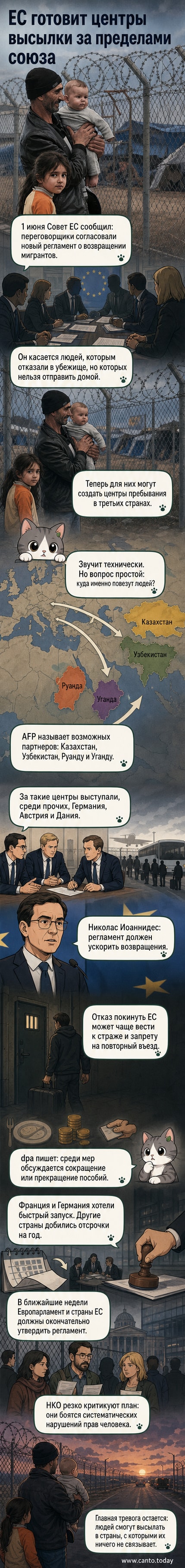Иллюстрация: карта ЕС с указанием стрелок в направлении Казахстана и Узбекистана, где символически обозначены центры для мигрантов