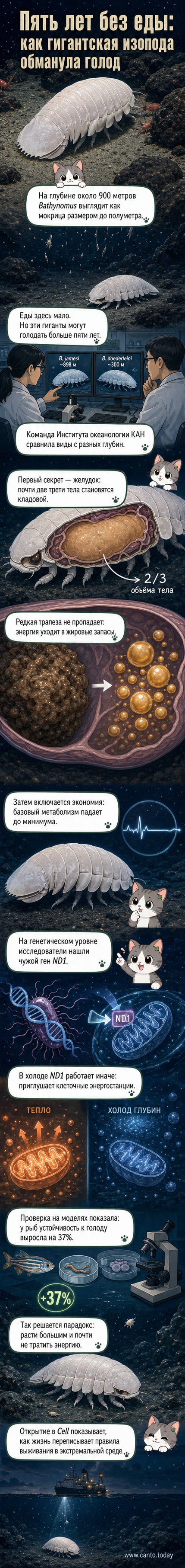 Иллюстрация глубоководного изопода Bathynomus на фоне тёмного океанского дна, с акцентом на его огромный желудок и молекулярную структуру гена ND1