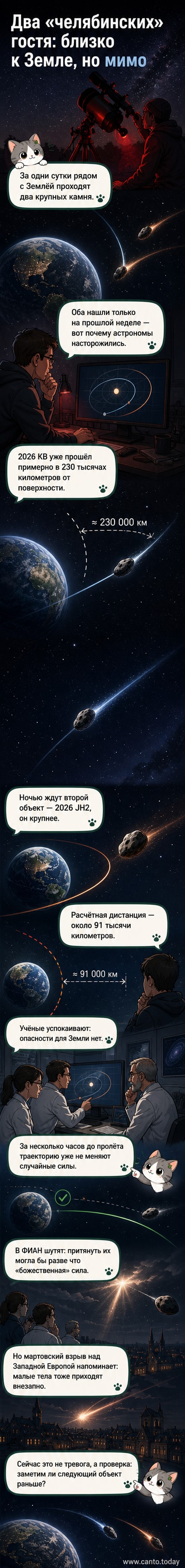 Иллюстрация двух астероидов, пролетающих мимо Земли на фоне космоса, с указанием расстояний и траекторий