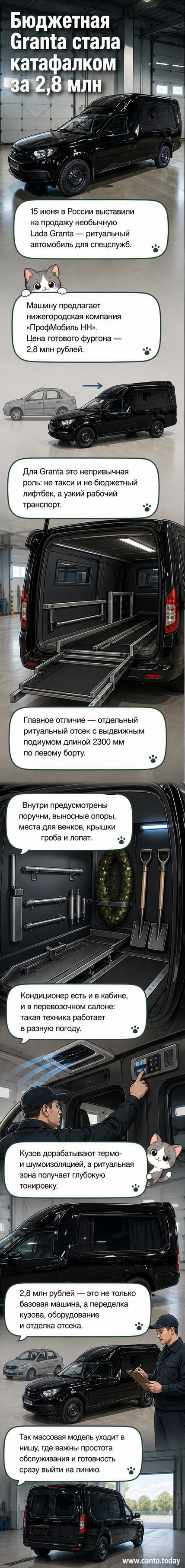 Lada Granta в чёрном цвете, переделанная под катафалк: с глубокой тонировкой, выдвижным подиумом и ритуальным отсеком с поручнями.