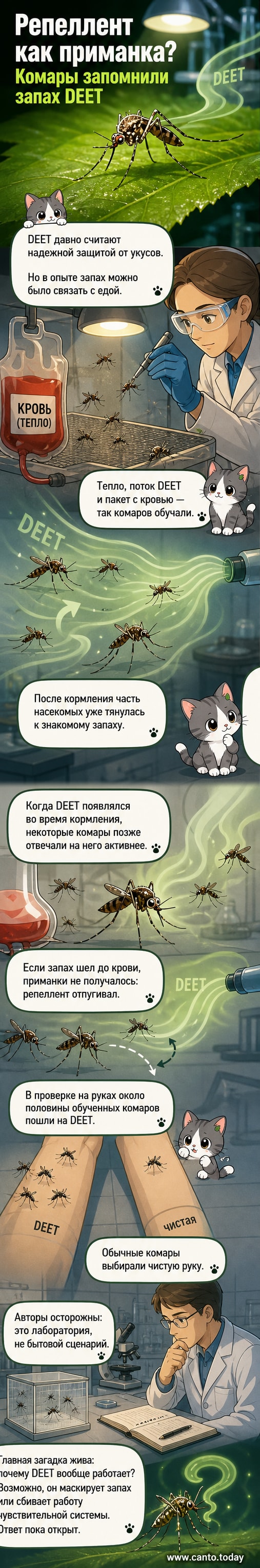 Комикс-панель: комар с интересом летит к руке, обработанной репеллентом, в то время как учёный наблюдает за экспериментом.