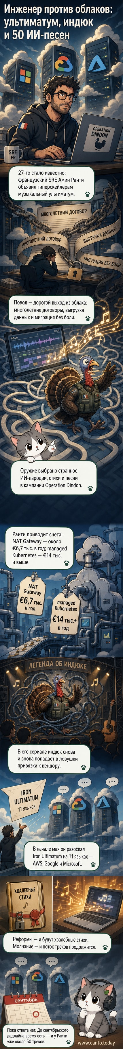 Иллюстрация: индюк в костюме инженера стоит перед экраном с логотипами AWS, Google Cloud и Microsoft Azure, на фоне музыкальных нот и облачных серверов