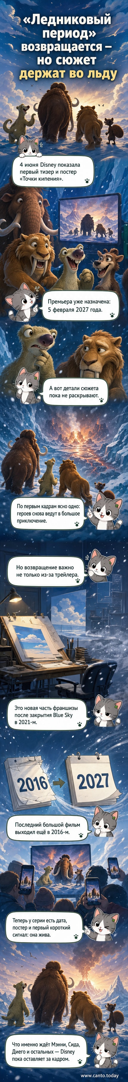 Официальный постер мультфильма «Ледниковый период: Точка кипения» с изображением главных героев — мамонта Мэна, ленивца Сида, тигра Диего и бурундука Сквирреля — на фоне трещащей земли и дымящихся вулканов.